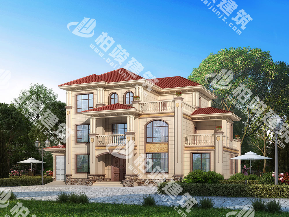 农村三层简欧风格自建房设计图，占地218㎡，外观典雅温馨，内部配置很全