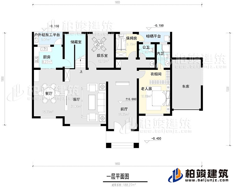 一层：2卧室，公卫，健身房，2露台。