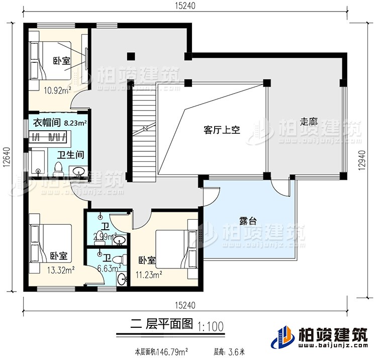 二层：3卧室，内卫，公卫，起居室，楼梯，阳台，露台，书房