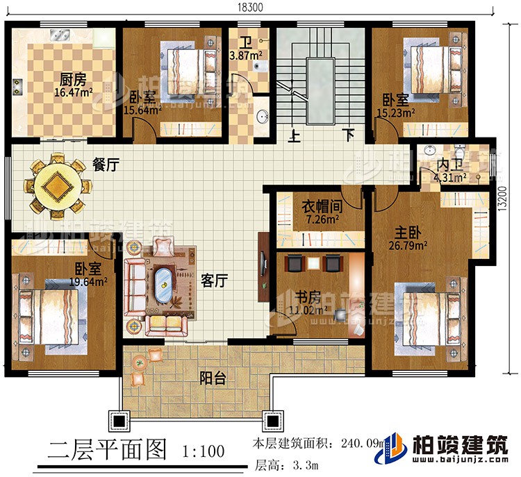 二层：4卧室，客厅，书房，衣帽间，厨房，餐厅，2卫生间，阳台