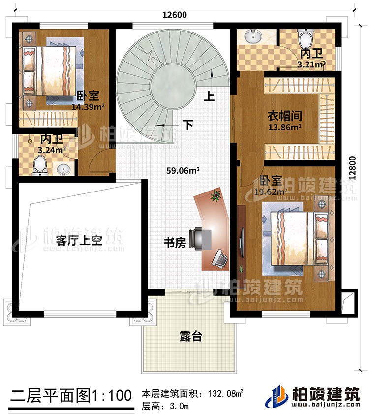 二层：2卧室、2内卫、衣帽间、书房、客厅中空、露台
