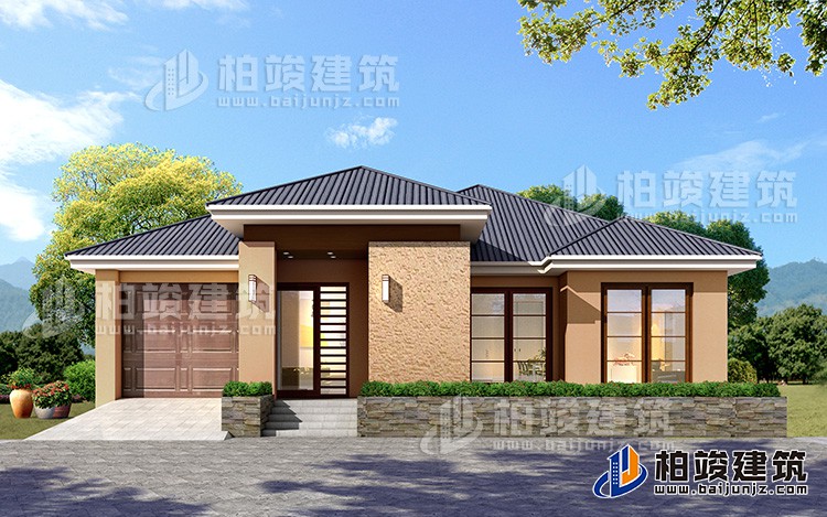 一层乡村别墅设计户型图，占地200平左右，外观很时尚BZ113-简欧风格