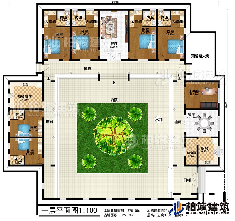 一层：门楼、3檐廊、水井、内院、储物间、厨房、餐厅、上书房、预留柴火房、6卧室、4衣帽间、6内卫
