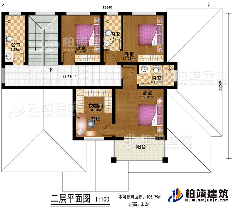 二层：3卧室，3卫，客厅，阳台，衣帽间/书房