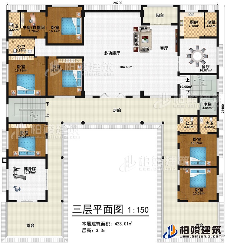 三层：健身房、6卧室、书房/衣帽间、2内卫、2公卫、多功能厅、客厅、阳台、餐厅、厨房、储藏、电梯、2露台