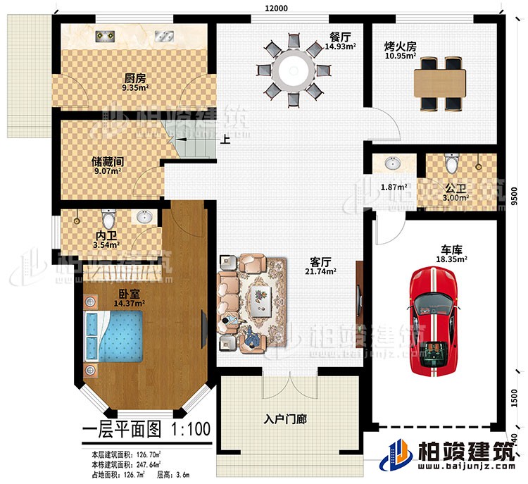 一层：入户门廊、客厅、车库、烤火房、餐厅、厨房、储藏间、卧室、公卫、内卫