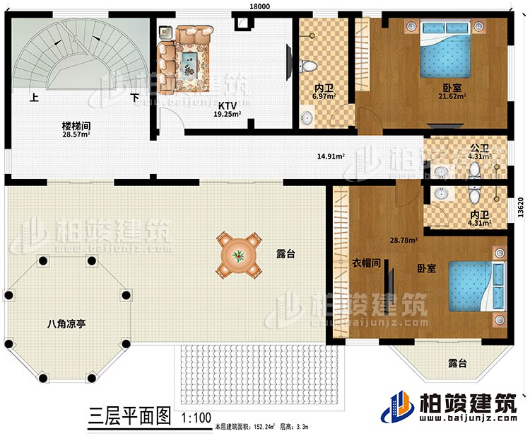 三层：楼梯间、KTV、2卧室、衣帽间、2内卫、公卫、2露台、八角凉亭