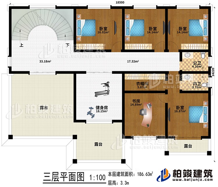 三层：4卧室、健身房、书房、衣帽间、3露台、公卫、内卫