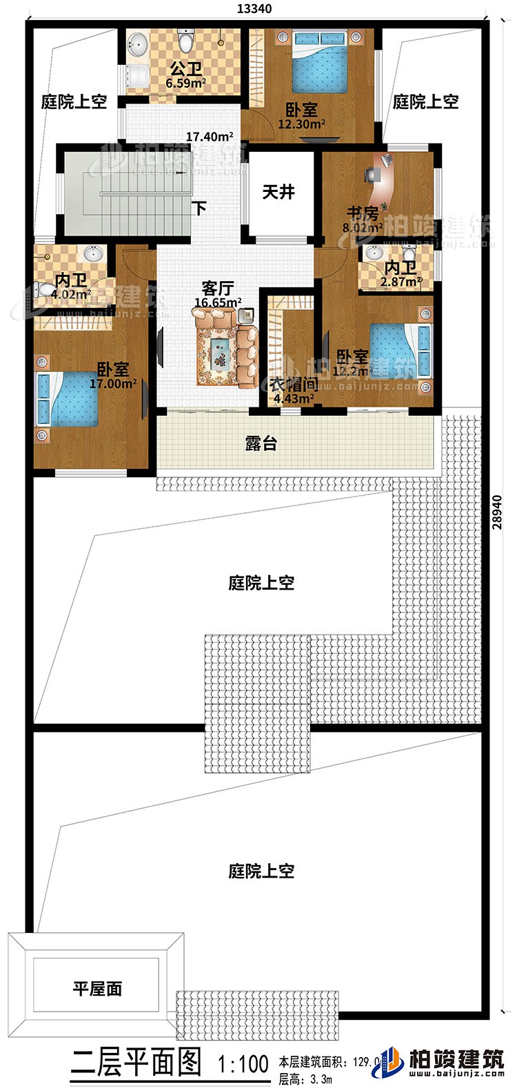 二层：平屋面、4庭院上空、3卧室、客厅、天井、衣帽间、书房、公卫、2内卫