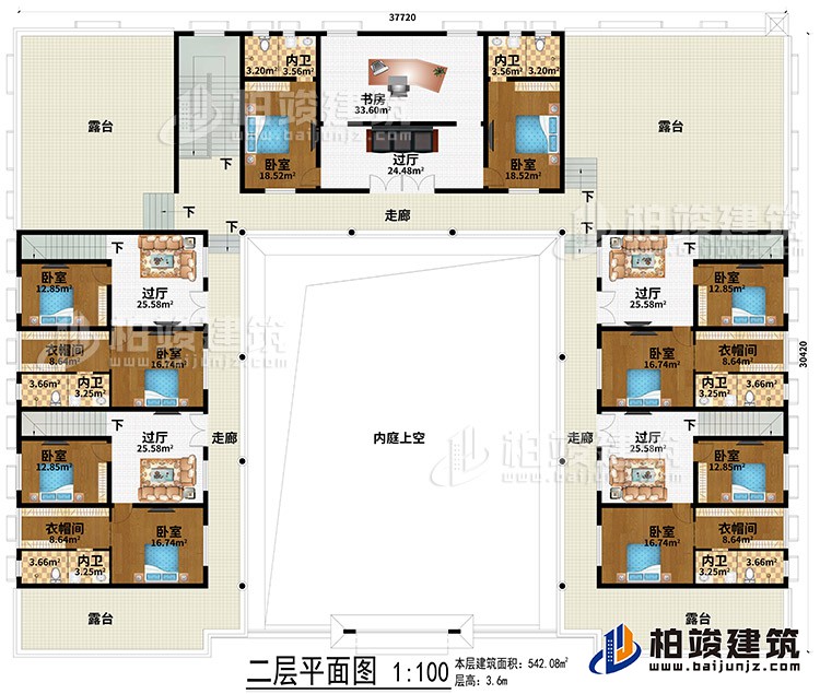 二层：内庭上空、5过厅、书房、3走廊、4露台、10卧室、4衣帽间、6内卫