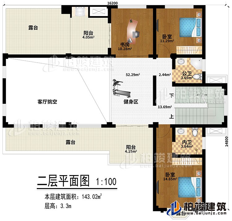 二层：健身区、客厅挑空、书房、2卧室、公卫、内卫、2阳台、3露台