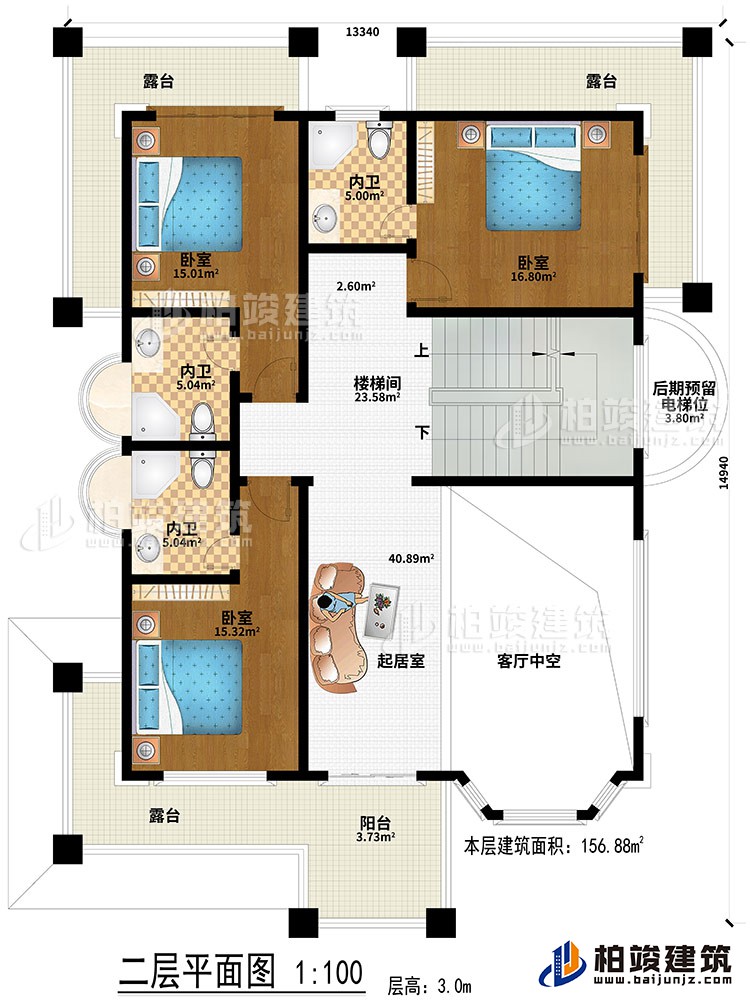 二层：起居室、客厅中空、楼梯间、3卧室、3内卫、阳台、3露台、后期预留电梯位