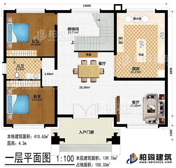 一层：入户门廊、客厅、餐厅、厨房、神龛、岛台、柴火灶、楼梯间、公卫、2卧室
