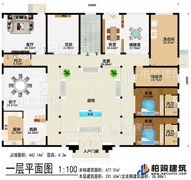 一层：入户门廊、水池、影壁、庭院、走廊、西厨、厨房、餐厅、吧台、客厅、堂屋、神龛、茶室、棋牌室、洗衣间、储藏间、2卧室、3内卫