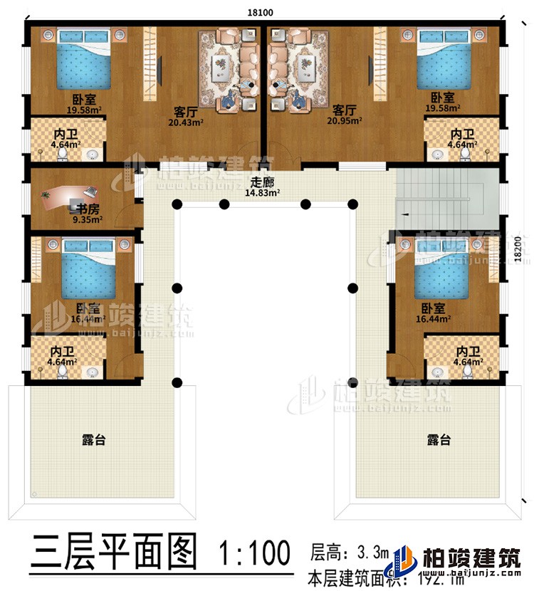 三层：2客厅、4卧室、书房、走廊、2露台、4内卫