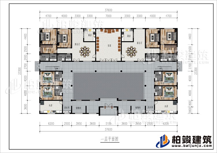 一层：2储物间、2洗衣间、2灶房、8卧室、2衣帽间、2公卫、6内卫、2厨房、2宴会厅、堂屋