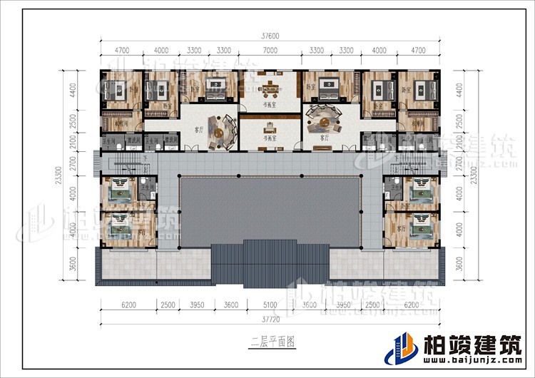 二层：2客厅、2书画室、公卫、10卧室、2衣帽间、4内卫、2露台