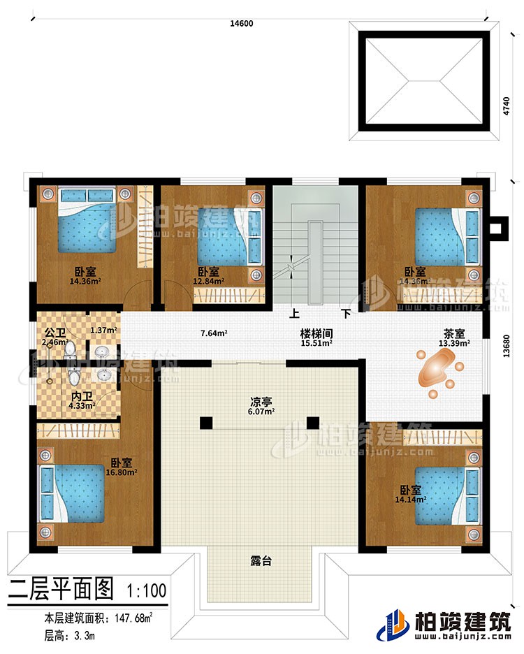 二层：楼梯间、茶室、凉亭、5卧室、公卫、内卫、露台
