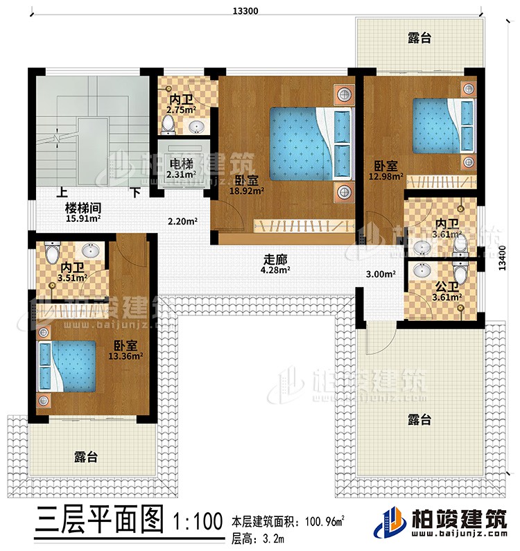 三层：走廊、3卧室、3内卫、3露台、楼梯间、电梯、公卫