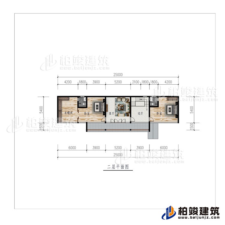 二层：过厅、客厅、衣帽间、2卧室
