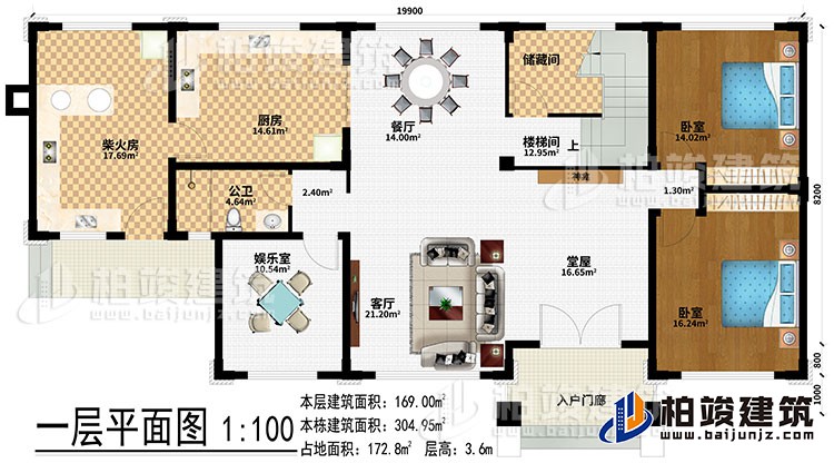 一层：入户门廊、堂屋、神龛、客厅、餐厅、厨房、柴火房、储藏间、2卧室、公卫、娱乐室、楼梯间