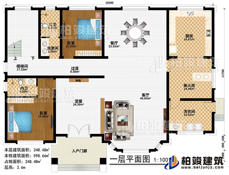 一层：入户门廊、堂屋、神龛、客厅、餐厅、厨房、柴火房、2卧室、洗漱间、洗衣间、公卫、内卫、过道、楼梯间