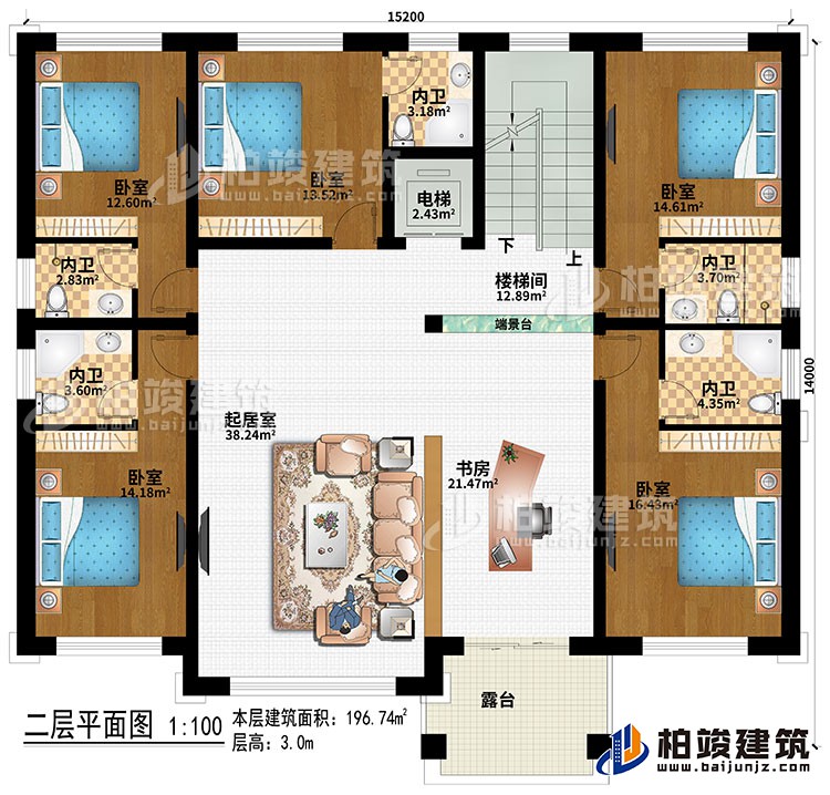 二层：楼梯间、端景台、起居室、书房、5卧室、电梯、5内卫、露台