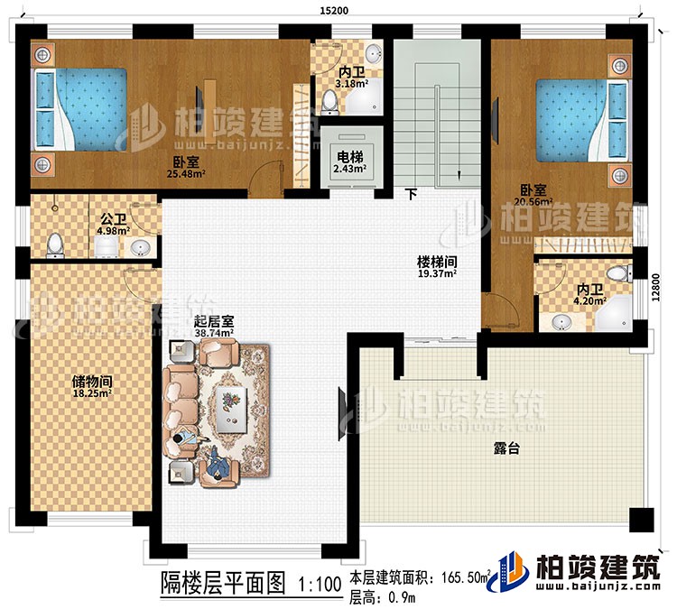 阁楼：2卧室、电梯、楼梯间、起居室、储物间、公卫、2内卫、露台