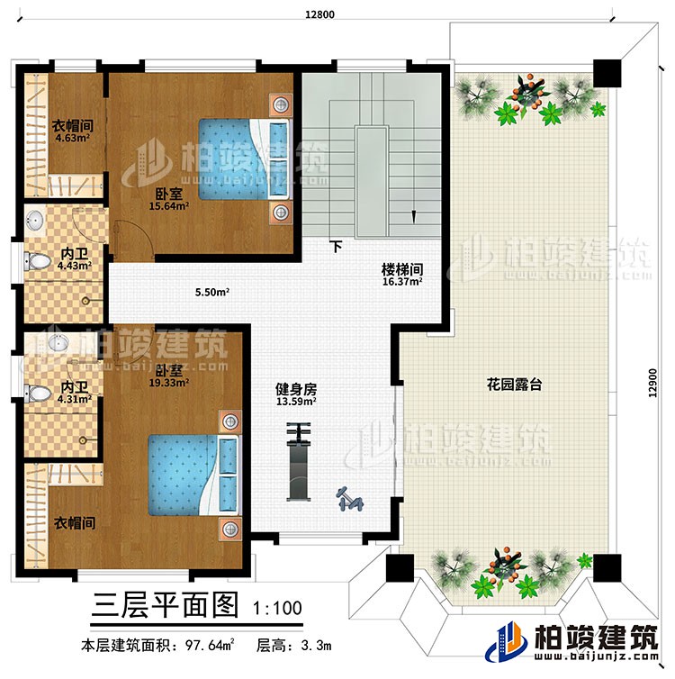 三层：健身房、楼梯间、2卧室、2衣帽间、2内卫、花园露台