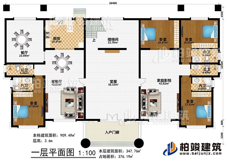 一层：入户门廊、堂屋、客餐厅、餐厅、厨房、楼梯间、4卧室、2公卫、3内卫、家庭影院