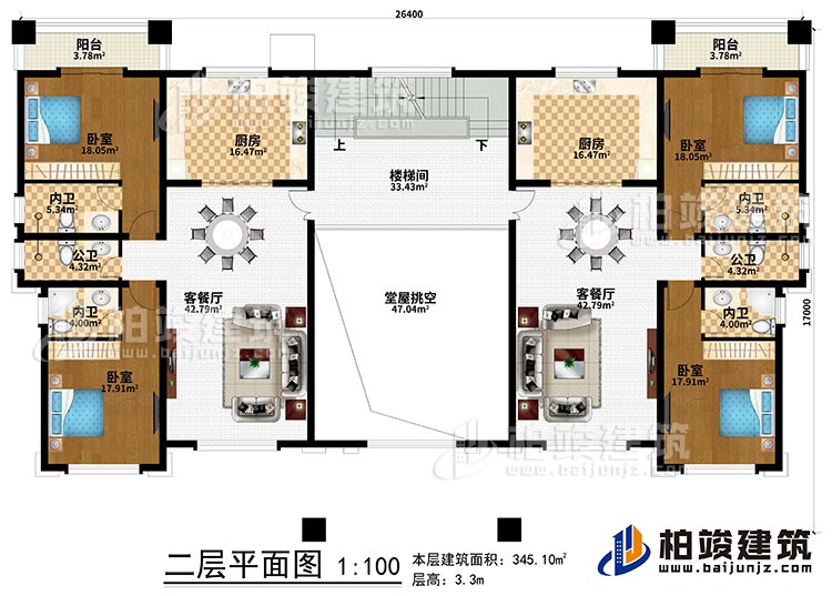 二层：堂屋挑空、楼梯间、2厨房、2客餐厅、4卧室、2公卫、4内卫、2阳台