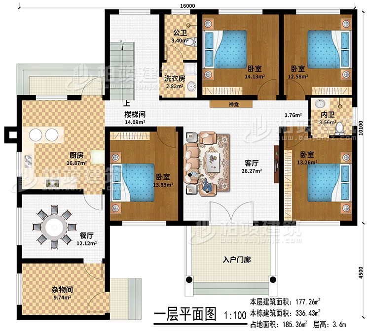 一层：入户门廊、客厅、神龛、楼梯间、厨房、餐厅、杂物间、4卧室、洗衣房、公卫、内卫
