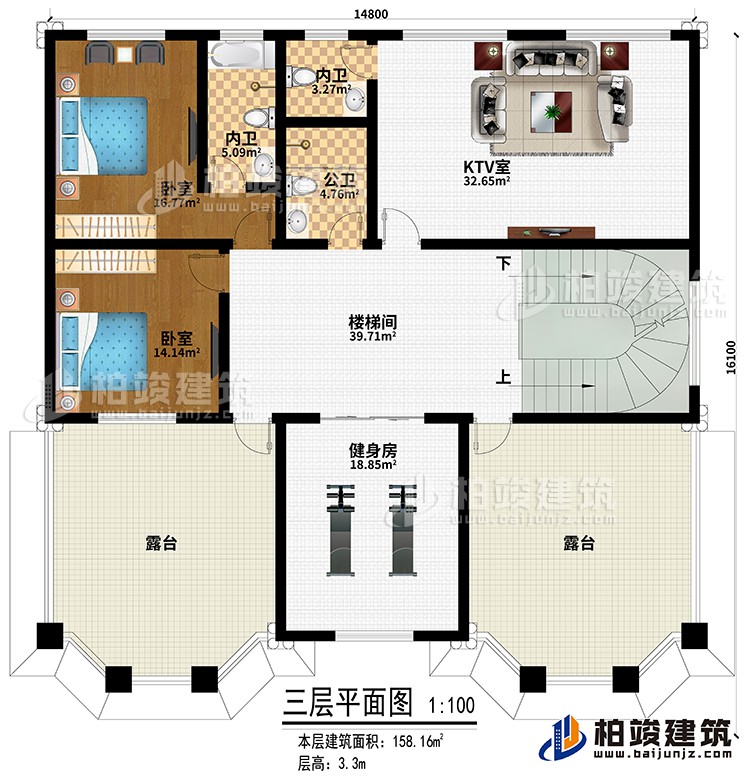 三层：2卧室、KTV室、楼梯间、健身房、公卫、2内卫、2露台